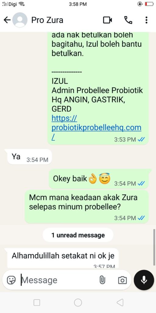 Tangkapan skrin perbualan WhatsApp testimoni pelanggan ProBellee
