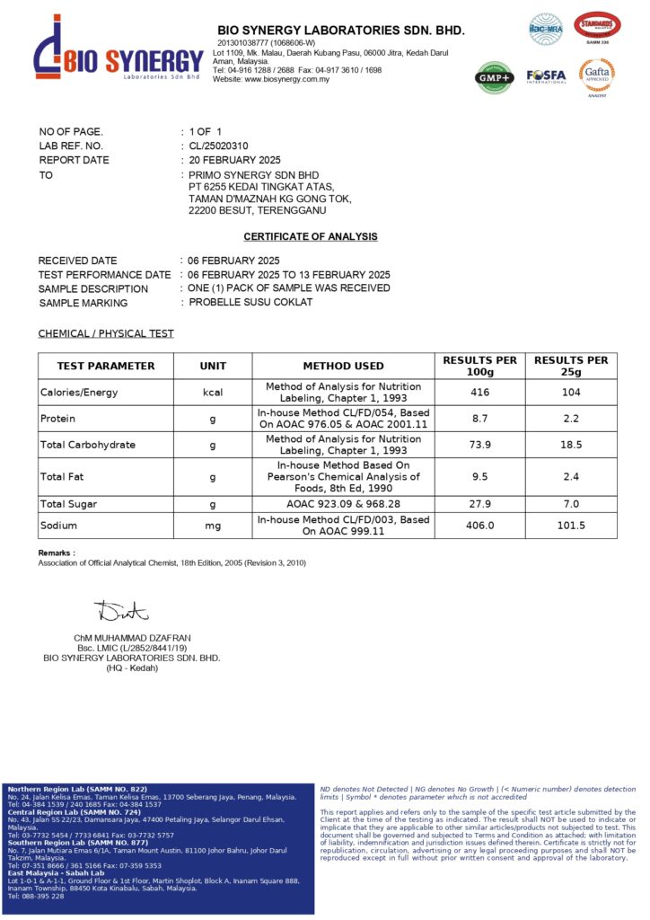 Sijil analisis Bio Synergy Laboratories untuk sampel Probelle Susu Coklat bertarikh 20 Februari 2025