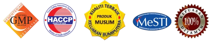 Logo GMP, HACCP, Produk Muslim, MeSTI dan Kepuasan 100% Dijamin