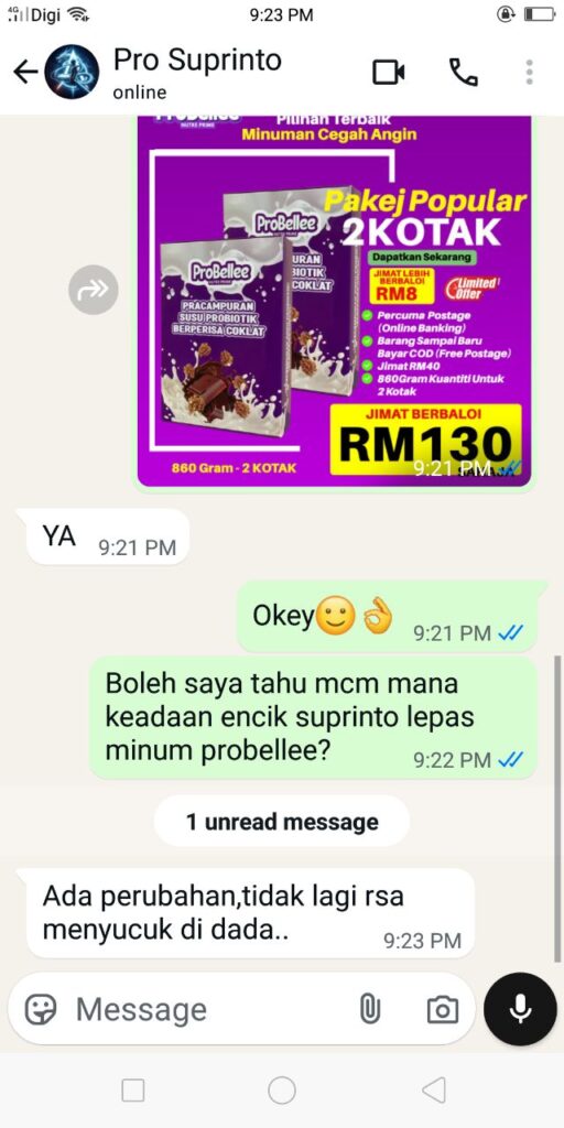 Tangkapan skrin perbualan WhatsApp testimoni pelanggan ProBellee