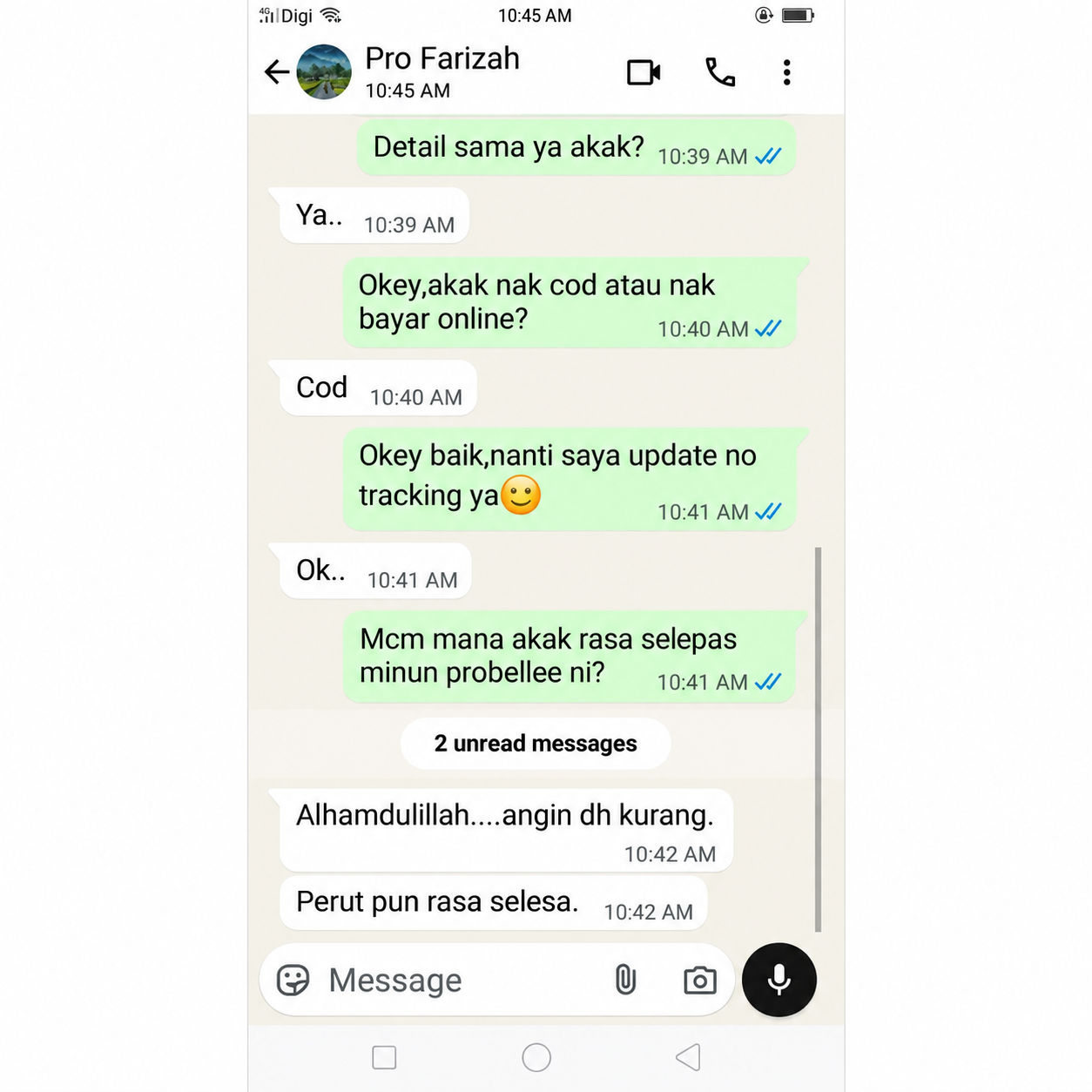 Tangkapan skrin perbualan WhatsApp testimoni pelanggan ProBellee